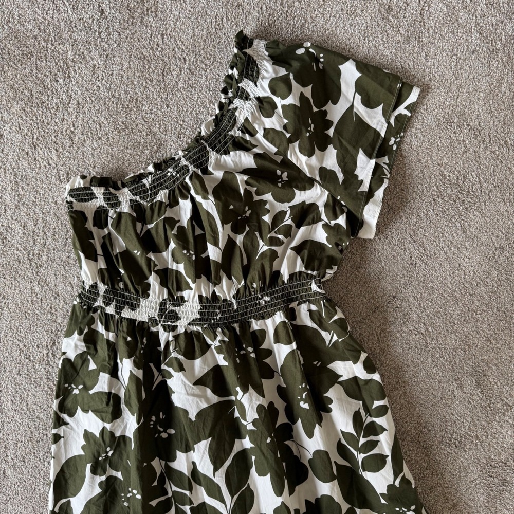 J. Crew Smocked Cotton Poplin One Shoulder Dress XL Leafy Floral Olive NEW! - Picture 6 of 10